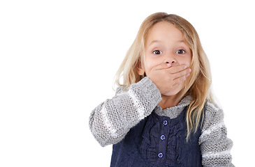 Image showing Portrait, girl and kid cover mouth, surprise and expression isolated on a white studio background. Model, mockup space and child with announcement and shocked with reaction and wow with omg or secret