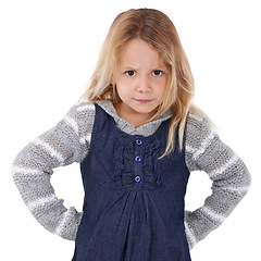 Image showing Portrait, angry and girl with expression, kid and emotion isolated on white studio background. Mockup space, model and child with reaction and frustrated with emoji and cross with attitude or tantrum