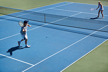 Image showing Sport, people and tennis on court with fitness, competition and performance outdoor with match and energy. Athlete, player and ball on turf for training, exercise or racket with skill, game and hobby