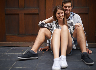 Image showing Portrait, floor and relax couple smile, happy and enjoy weekend together for comfort, bonding and romantic connection. Ground, love and gen z people care for relationship, happiness and devotion