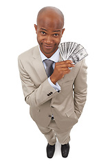 Image showing Happy businessman, portrait and money fan for savings, investment or growth on a white studio background. Face of young black man smile with cash, dollar bills or finance profit in financial freedom