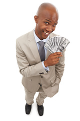 Image showing Happy black man, portrait and money fan for savings, investment or growth on a white studio background. Face of young businessman smile with cash, dollar bills or finance profit in financial freedom