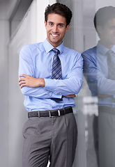 Image showing Window, crossed arms and portrait of businessman in office with confidence, pride and ambition. Corporate entrepreneur, professional and happy worker for career, job and working in modern workplace
