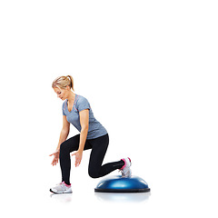 Image showing Athlete, balance ball or legs exercise in workout for abs or core development isolated on white background. Woman, training equipment or fitness for studio mockup space, balance challenge or wellness
