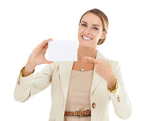 Image showing Pointing, portrait or businesswoman with card mockup for a sale, promotion offer or advertising deal. Signage, plain bulletin board or happy lady with blank space in studio on white background