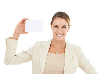 Image showing Happy, portrait or businesswoman with card mockup for a sale, promotion offer or advertising deal. Smile, plain bulletin board or lady with blank signage space in studio on white background