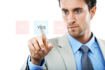 Image showing Businessman, UI and touching hologram with yes icon for decision, question or interaction on mockup space. Man or employee with display for UX, choice or selection against a white studio background