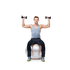 Image showing Happy man, ball balance or portrait in dumbbell workout performance, wellness or white background. Strong athlete, training equipment or fitness studio for exercise mockup space or lifting weights