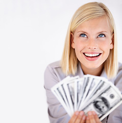 Image showing Thinking, happy woman and money with financial idea, investment and savings for budget with reward. Wealth, wondering and smile with cash profit from work bonus in studio with white background