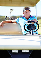 Image showing Man, golf cart and portrait as happy athlete for sports exercise or competition, challenge or holiday. Mature person, face and driving transport on course or professional training, game or tournament