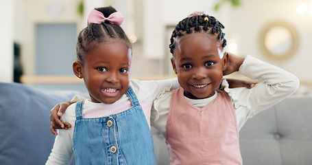 Image showing Kids, high five and couch in a home with young, smile and happy from sibling bonding. House, lounge sofa and daughter friends with talk and African girl friendship with fun and youth in living room