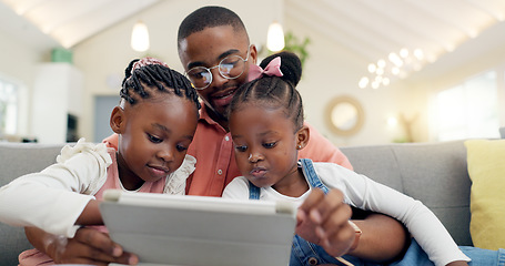 Image showing Internet, man with children and with tablet in living room of their home for social media. Technology or family, support or bonding time and black man with his kids together streaming a movie