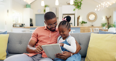 Image showing Family, man with child and tablet on sofa living room of their home for social media. Technology or internet, connectivity or bonding time and black man with his daughter together playing a game