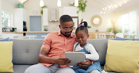 Image showing Family, man with child and tablet on sofa living room of their home for social media. Technology or internet, connectivity or bonding time and black man with his daughter together playing a game