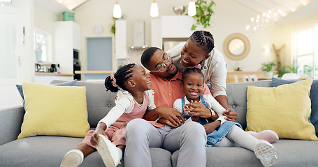 Image showing Happy, black family on sofa and in living room of their home happy together for care. Support or love, happiness or positivity and African people cuddle on couch in their house for bonding time