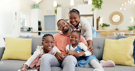 Image showing Happy, black family on sofa and in living room of their home happy together for care. Support or love, happiness or positivity and African people cuddle on couch in their house for bonding time