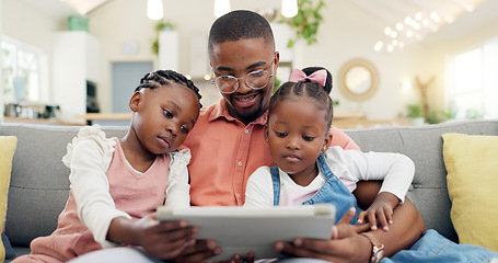 Image showing Family, man with children and with tablet in living room of their home for social media. Technology or internet, connectivity or bonding time and black man with his kids together streaming a movie