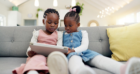 Image showing Black girl children, tablet on sofa and online with elearning or watching cartoon movie, sisters at home and screen time. Young female kids, streaming and subscription to education app or film