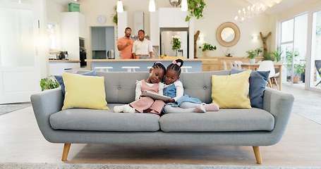 Image showing Black girl children, tablet and streaming, relax on couch with elearning or watching cartoon movie with sisters at home. Young female kids, screen time and subscription, education app or film online