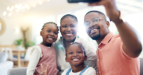 Image showing Black family, selfie and memory with parents and children at home, love and bonding, happy and social media. Live streaming, happiness and portrait, together and people smile in picture for post