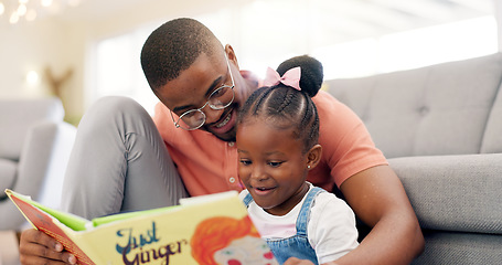 Image showing Reading, father and story with girl for learning in lounge for education or quality time. Kid, books and parent for support on floor or fun with growth for childhood at house with happy family.