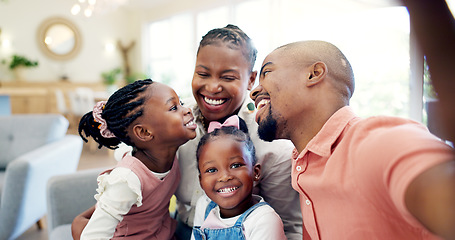 Image showing Black family, selfie and memory with parents and children at home, love and bonding, happy and social media. Live streaming, happiness and portrait, together and people smile in picture for post