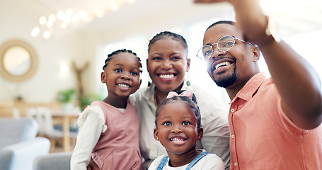 Image showing Black family, selfie and memory with parents and children at home, love and bonding, happy and social media. Live streaming, happiness and portrait, together and people smile in picture for post