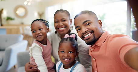 Image showing Black family, selfie and memory with parents and children at home, love and bonding, happy and social media. Live streaming, happiness and portrait, together and people smile in picture for post