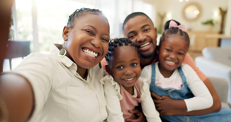 Image showing Black family, selfie and happy with parents and children at home, love and bonding with memory for social media. Live streaming, happiness and portrait, together and people smile in picture for post