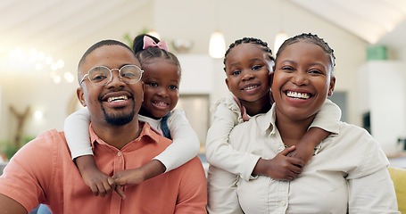 Image showing Black family, face and happy with parents and children at home, love and bonding with hug and spending time together. Man, woman and girl kids, happiness and portrait and people smile in living room