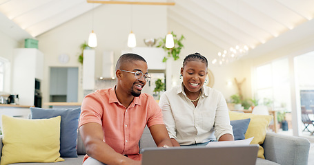 Image showing Technology, married couple celebrating and laptop on a sofa in living room of their home. Social media or online communication, success or high five and black people together happy for connectivity