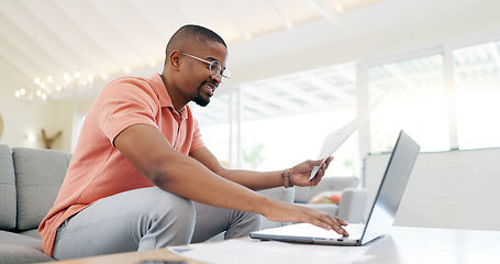 Image showing Happy, typing and a black man with a phone on the sofa for social media, connection or communication. Smile, relax and an African person with a mobile for an app, email or notification in a house