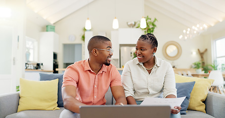 Image showing Finance, budget and couple with laptop on sofa with bills, paperwork and life insurance documents. Financial planning, mortgage and black man and woman on computer for pension, payment or investment