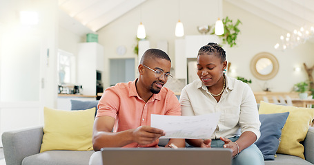 Image showing Finance, budget and couple with laptop on sofa with bills, paperwork and life insurance documents. Financial planning, mortgage and black man and woman on computer for pension, payment or investment