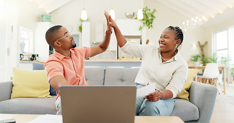 Image showing Technology, married couple celebrating and laptop on a sofa in living room of their home. Social media or online communication, success or high five and black people together happy for connectivity