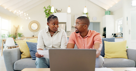 Image showing Finance, documents and couple with laptop on sofa with bills, paperwork and insurance budget. Financial planning, mortgage and black man and woman on computer for pension, tax payment or investment