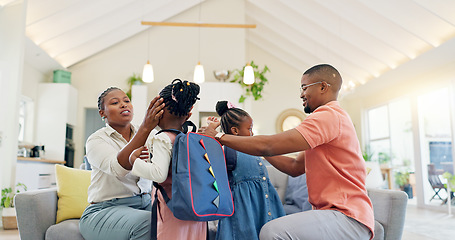Image showing Black family, education and children with backpack for school, kindergarten and high five from dad for support and motivation. Kids, students and parents helping to get ready, say goodbye and leave