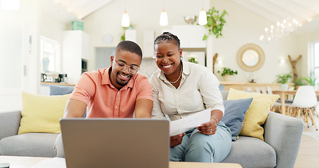 Image showing Technology, married couple celebrating and laptop on a sofa in living room of their home. Social media or online communication, success or high five and black people together happy for connectivity