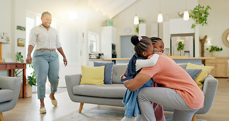 Image showing Father, hug and student after school with love and support in a home feeling happy. House, living room and dad with children and youth with a family and young kids together with papa and parent care
