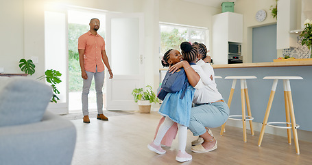 Image showing Mom, hug and student going to school with love and support in a home feeling happy. House, living room and mother with children and youth with a family and young kids with mama and parent care