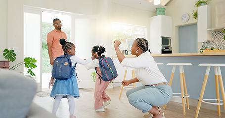 Image showing Black family, mother and wave at kids going to school with love, care or affection. Goodbye, parents and girls leaving house for kindergarten, learning or education in the morning with father in home