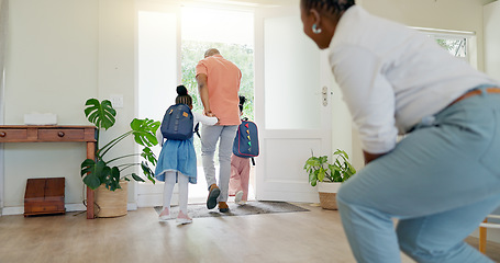 Image showing Black family, mother and wave at kids going to school with love, care or affection. Goodbye, parents and girls leaving house for kindergarten, learning or education in the morning with father in home