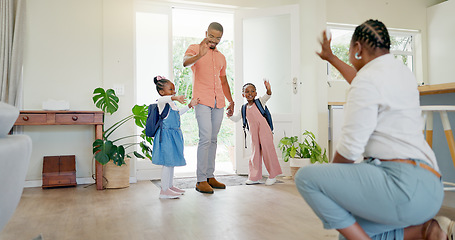 Image showing Black family, mother and wave at kids going to school with love, care or affection. Goodbye, parents and girls leaving house for kindergarten, learning or education in the morning with father in home