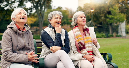 Image showing Senior, women and friends pointing in park with view and retirement smile in a garden. Nature, holiday and conversation with elderly female people on vacation feeling happy from bonding and freedom