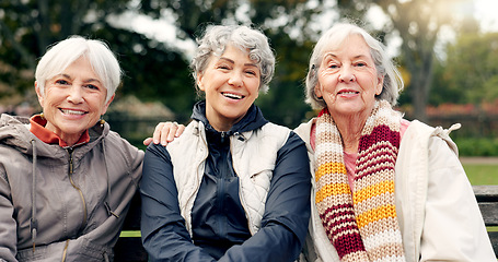 Image showing Senior, women and friends laugh in park with face and retirement smile in a garden. Nature, portrait and hug with elderly female people on vacation in woods feeling happy from bonding and freedom