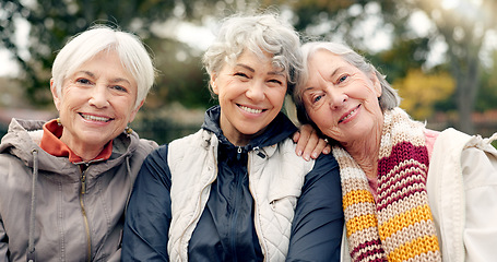 Image showing Senior, women and friends face in park with bonding and retirement smile in a garden. Nature, portrait and hug with elderly female people on vacation in woods feeling happy from bonding and freedom