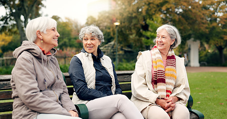 Image showing Senior, women and friends pointing in park with view and retirement smile in a garden. Nature, holiday and conversation with elderly female people on vacation feeling happy from bonding and freedom