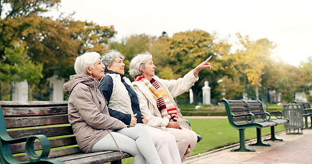 Image showing Happy, senior friends and walking together on an outdoor path or relax in nature with elderly women in retirement. People, talking and sitting for conversation on a park bench in autumn or winter