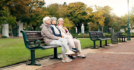 Image showing Happy, senior friends and walking together on an outdoor path or relax in nature with elderly women in retirement. People, talking and sitting for conversation on a park bench in autumn or winter