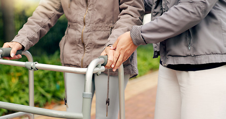 Image showing People, support and walking frame in park or outdoor wellness, exercise and physiotherapy. Person with disability in garden or nature with helping hands for physical therapy, muscle fitness or cardio